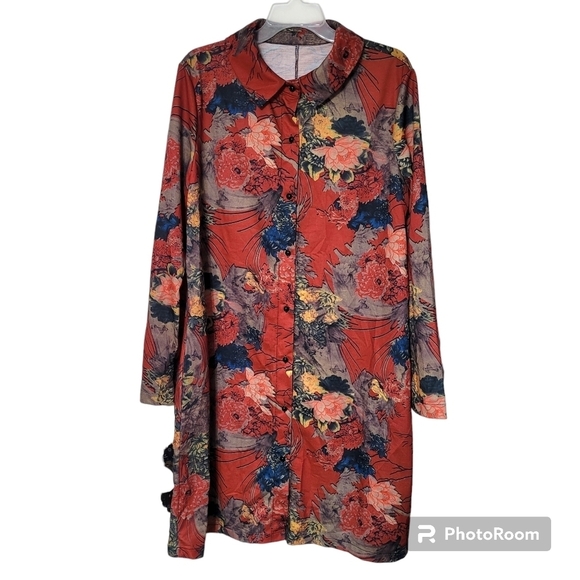 Emory Rose Orange Floral Button Down Long Sleeve Shirt Dress With Pockets Large - Picture 1 of 9